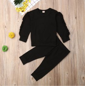 Newborn Baby Boys Girls Ruffles Jumper Solid Long Sleeve Sweatshirt Tops Pants Infant Kids 2Pcs Outfits Clothes Set Fall Clothes (Option: Black-80cm)